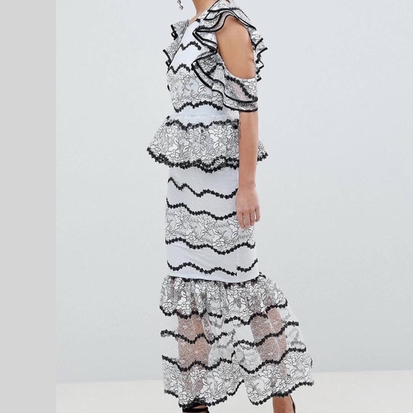 ASOS DESIGN Light Blue Premium Lace Midi Dress w/ Peplum Frill Hem Sz. 2 - Picture 2 of 11